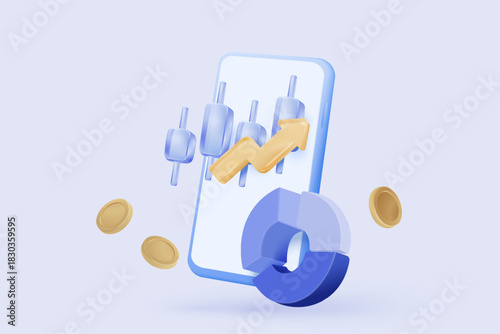 3D stock trading graph with mobile phone. Sell and buy money cash and exchange with finance business concept, earning investment. 3d bank trading vector icon for investment render illustration