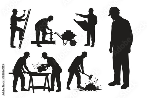 Vector illustration of construction worker silhouettes performing various tasks, including cutting, hammering, lifting, and supervising. 