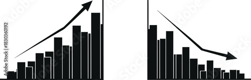Contrasting bar graphs showing growth and decline with arrows
