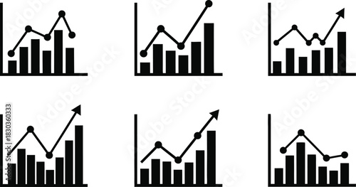Collection of black and white business vector charts showing growth and decline
