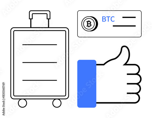 Cryptocurrency concept. Bitcoin payment and travel illustrated with luggage, BTC, and thumbs-up icons. Cryptocurrency promoting global transactions and modern travel solutions. For finance, tourism