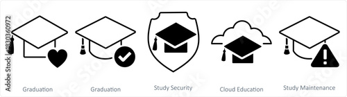 A set of 5 contact icons as graduation, study security, cloud education