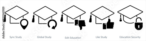 A set of 5 contact icons as sync study, global study, edit education