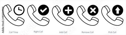 A set of 5 contact icons as call time, right call, add call
