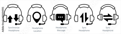 A set of 5 contact icons as synchronize headphone, headphone location, headphone message