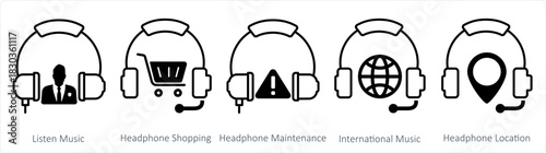 A set of 5 contact icons as listen music, headphone shopping, headphone maintenance