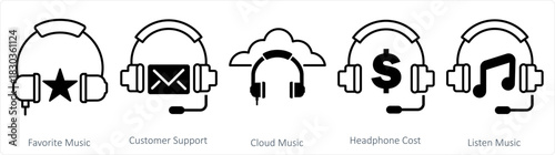 A set of 5 contact icons as favorite music, customer support, cloud music