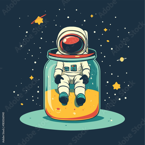 an astronaut is in a jar with space , vector style simple color
