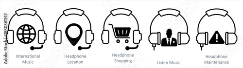 A set of 5 contact icons as international music, headphone location, headphone shopping