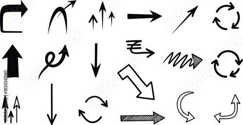 Collection of hand drawn arrows in various styles and directions