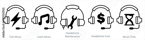 A set of 5 contact icons as fast music, listen music, headphone maintenance