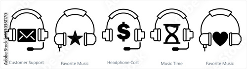A set of 5 contact icons as customer support, favorite music, headphone cost