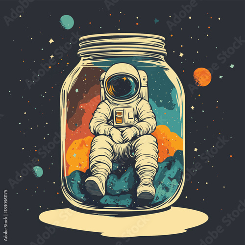 an astronaut is in a jar with space , vector style simple color
