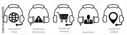 A set of 5 contact icons as international music, headphone maintenance, headphone shopping