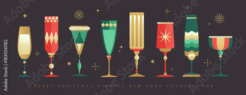 Set of holiday Christmas and New Year cocktails and champagne glasses. Vector illustration