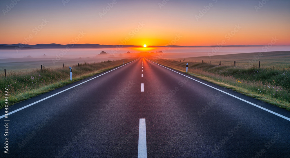 Naklejka premium Asphalt highway road and mountain natural scenery at sunrise. panoramic view.