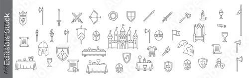 Medieval castle and knight equipment line icon set – editable outline symbols of guard, sword, shield, armor, throne, banner and banquet