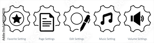 A set of 5 contact icons as favorite setting, page settings, edit settings