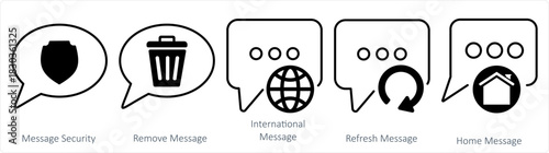 A set of 5 contact icons as message security, remove message, international message