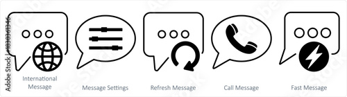 A set of 5 contact icons as international message, message settings, refresh message