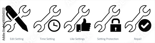 A set of 5 contact icons as edit setting, time setting, like settings