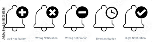 A set of 5 contact icons as add notification, wrong notification, time notification