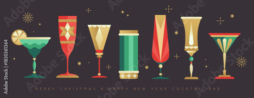 Set of holiday Christmas and New Year cocktails and champagne glasses. Vector illustration
