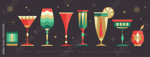 Set of holiday Christmas and New Year cocktails and champagne glasses. Vector illustration