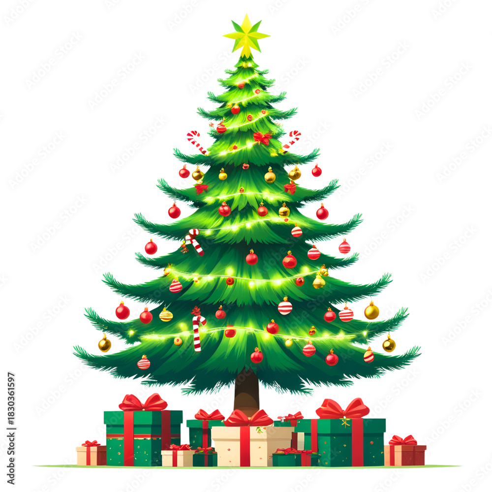 Fototapeta premium Bright and festive Christmas tree illustration with ornaments and presents