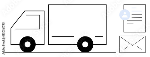 Truck as delivery concept paired with document and envelope icons signifying logistics, communication, and transactions. Ideal for transportation, e-commerce, shipping, delivery, business, mail