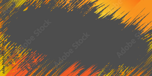 Spanduk horizontal lebar abstrak abu-abu gelap dengan kisi serat karbon segi enam dan garis-garis oranye bercahaya. Latar belakang vektor teknologi dengan garis neon oranye eps 10