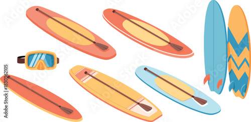 Isometric illustration of colorful paddleboards, surfboards, paddles and snorkeling gear showing modern water sports equipment for beach, summer recreation and outdoor activities