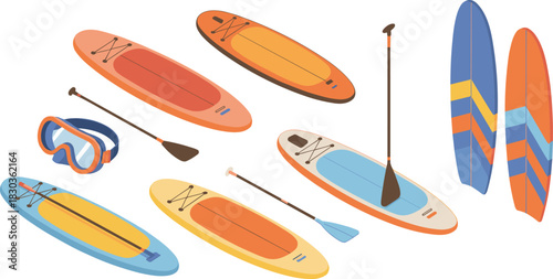 Isometric illustration of colorful paddleboards, surfboards, paddles and snorkeling gear showing modern water sports equipment for beach, summer recreation and outdoor activities