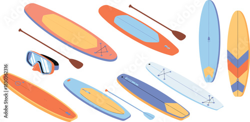 Isometric illustration of colorful paddleboards, surfboards, paddles and snorkeling gear showing modern water sports equipment for beach, summer recreation and outdoor activities