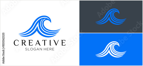 Creative logo template featuring a stylized blue ocean wave symbol, shown in several color variations for branding.