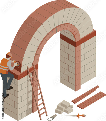 Isometric illustration of construction worker building stone arch with masonry tools, ladder, bricks and architectural restoration process in detailed 3D scene