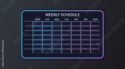 Neon Weekly Schedule Planner Digital Display Glowing Dark Background