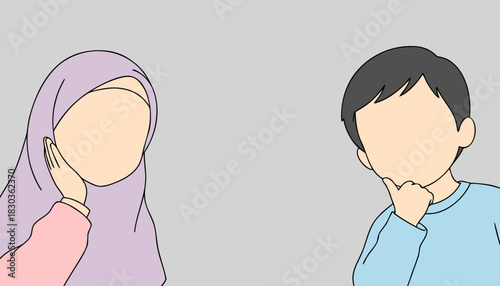 Thinking Cartoon Characters: Muslim Woman & Man Pondering