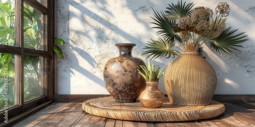 Stylish home decor with plants and vases creates a calming, natural interior space