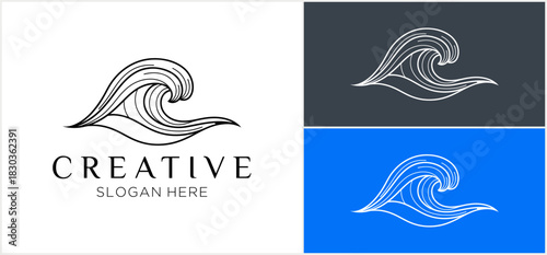 An elegant logo template of a curling ocean wave in a minimal line art style, presented in three different color variations for branding.