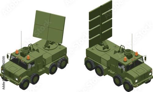 Isometric illustration of military radar vehicles with antenna systems, armored transport trucks, tactical defense equipment and mobile surveillance technology in 3D design