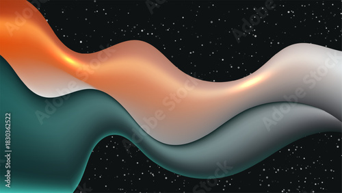 abstract waves gradient orange teal glossy flow on dark starry cosmic background luminous fluid motion digital art backdrop for creative design projects and atmospheric visuals