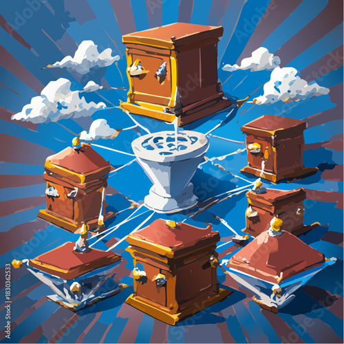 Conceptual Network of Interconnected Systems with a Central Hub and surrounding Structures under a Cloudy Sky