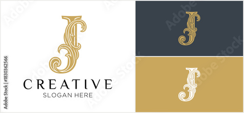 Ornate golden letter J logo design with intricate scrollwork presented on white, dark blue, and gold backgrounds for branding.