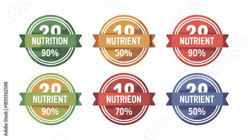 Colorful Circular Nutrition Nutrient Badge Vector Set – Daily Value Percentage Stamp Labels
