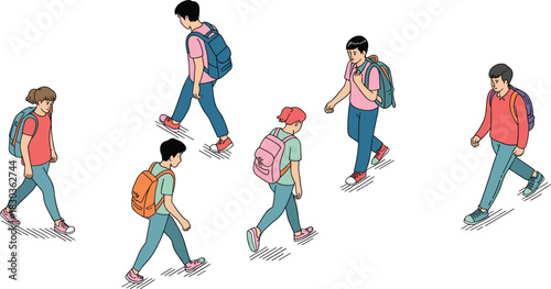 Isometric illustration of students walking with backpacks, diverse young people moving forward, modern education lifestyle concept and casual outdoor activity scene