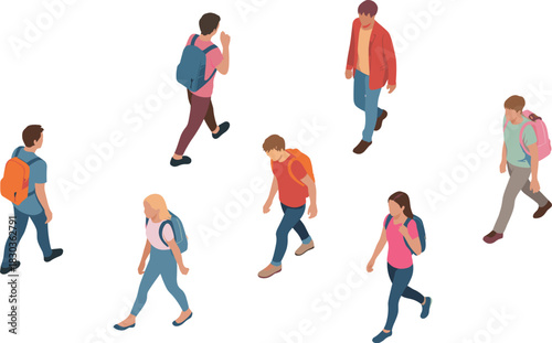 Isometric illustration of students walking with backpacks, diverse young people moving forward, modern education lifestyle concept and casual outdoor activity scene
