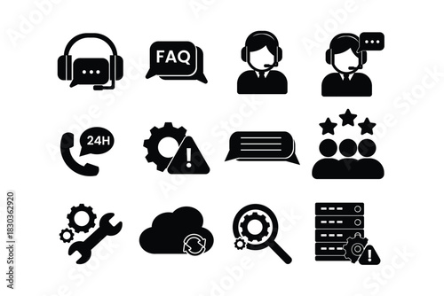 PCustomer Support and IT Service Icon Pack – Call Center, FAQ, Chat, Tools, Cloud, Troubleshooting Symbolsrint
