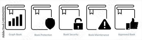 A set of 5 document icons as graph book, book protection, book security