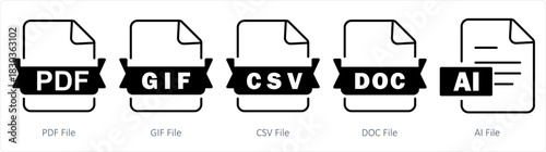 A set of 5 document icons as pdf file, gif file, csv file